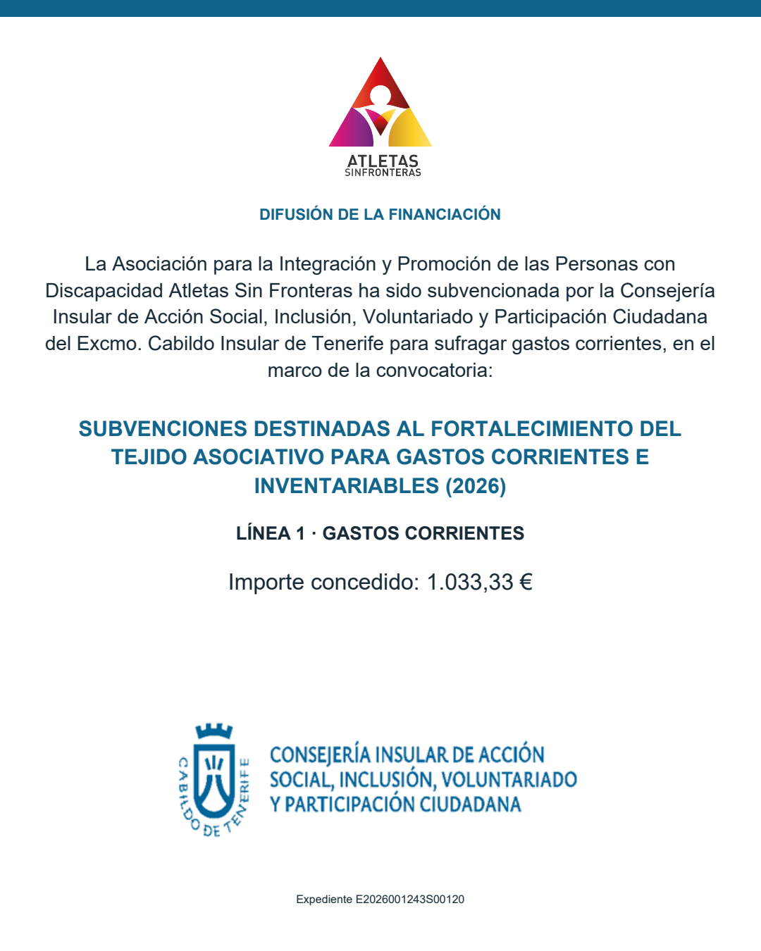 Cartel de la ayuda de 1.033,33 euros del Cabildo de Tenerife a ASF para gastos corrientes en 2026